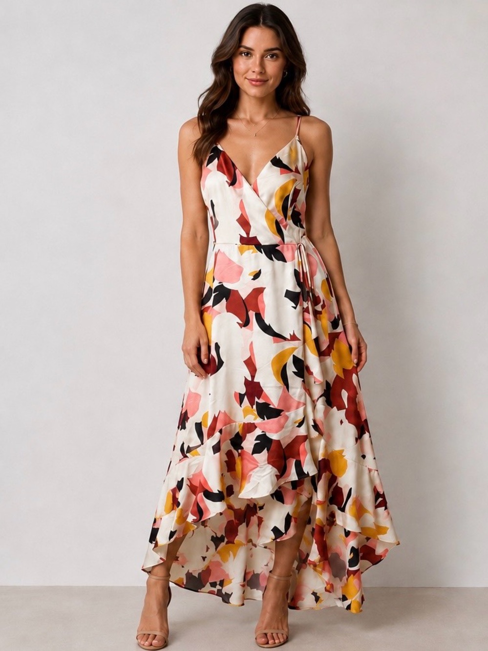 Nine West Cream Abstract Floral Wrap Maxi Dress with Pink & Mustard Accents
